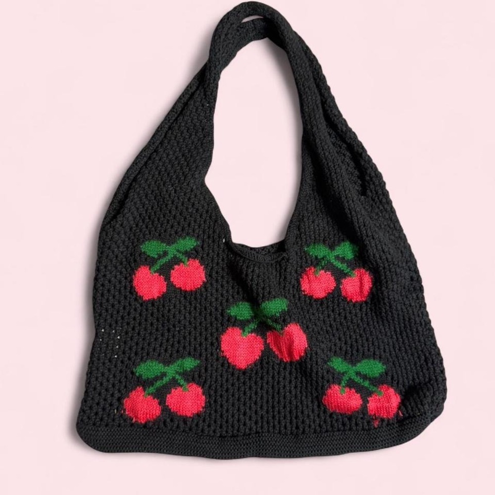 Cherry Knit Shoulder Bag‎ Black Y2K Indie Coquette Grunge Tote